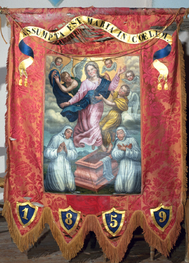 Bannière de procession. Revers : l'Assomption et deux pénitents. Porte la date de 1859.