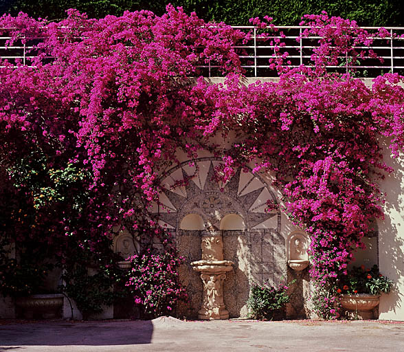 Fontaine en buffet du jardin rénové adossée au mur de soutènement de la terrasse H6, sous le passage couvert à l'arrière du château. Vue prise du sud.