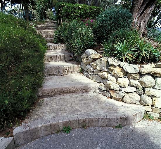 L'escalier en faux bois situé au nord de la roseraie, depuis l'ouest.