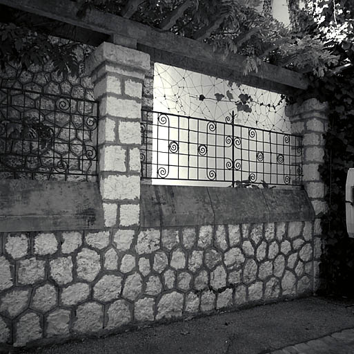 Mur de clôture. Vue partielle avec sa pergola et se grilles.