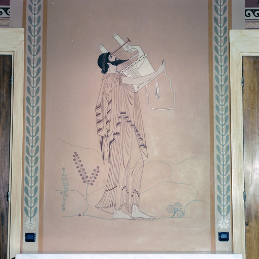 Panneau peint situé sur le manteau de la cheminée, dans l'ancienne bibliothèque (aprés restauration).