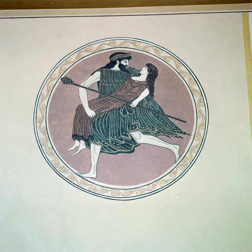 Médaillon peint situé dans le prolongement de la frise, au-dessus du manteau de la cheminée, dans l'ancienne bibliothèque (après restauration).