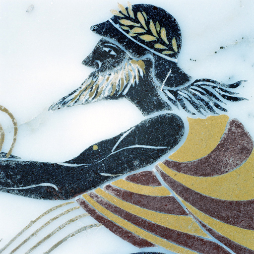 Détail de la partie centrale du linteau de la cheminée dans l'ancienne bibliothèque.