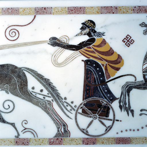 Détail de la partie centrale du linteau de la cheminée dans l'ancienne bibliothèque.