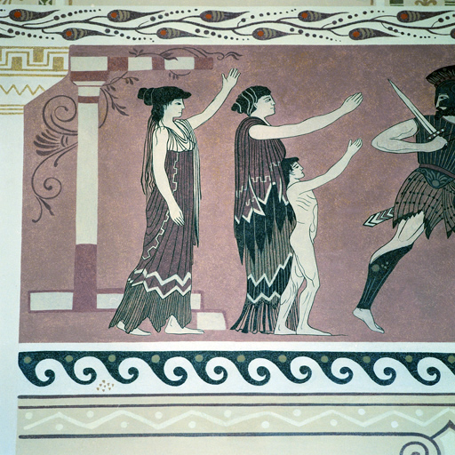 Détail, la partie ouest du panneau central de la frise situé sur le mur nord de l'ancienne bibliothèque (aprés restauration).