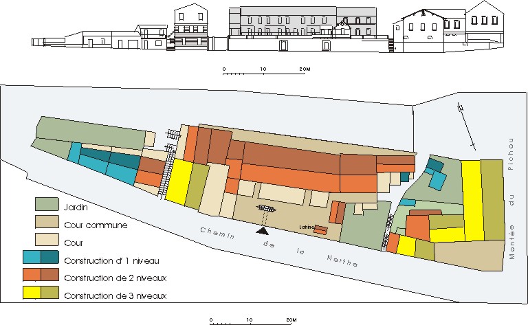 Elévation des façades de l'îlot sur le chemin de la Nerthe et plan de l'îlot au sud de la voie ferrée.