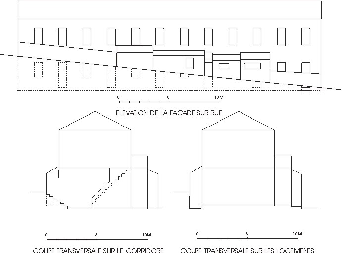 Elévation de la façade sur rue, coupe transversale sur le corridor, et coupe transversale sur les logements.