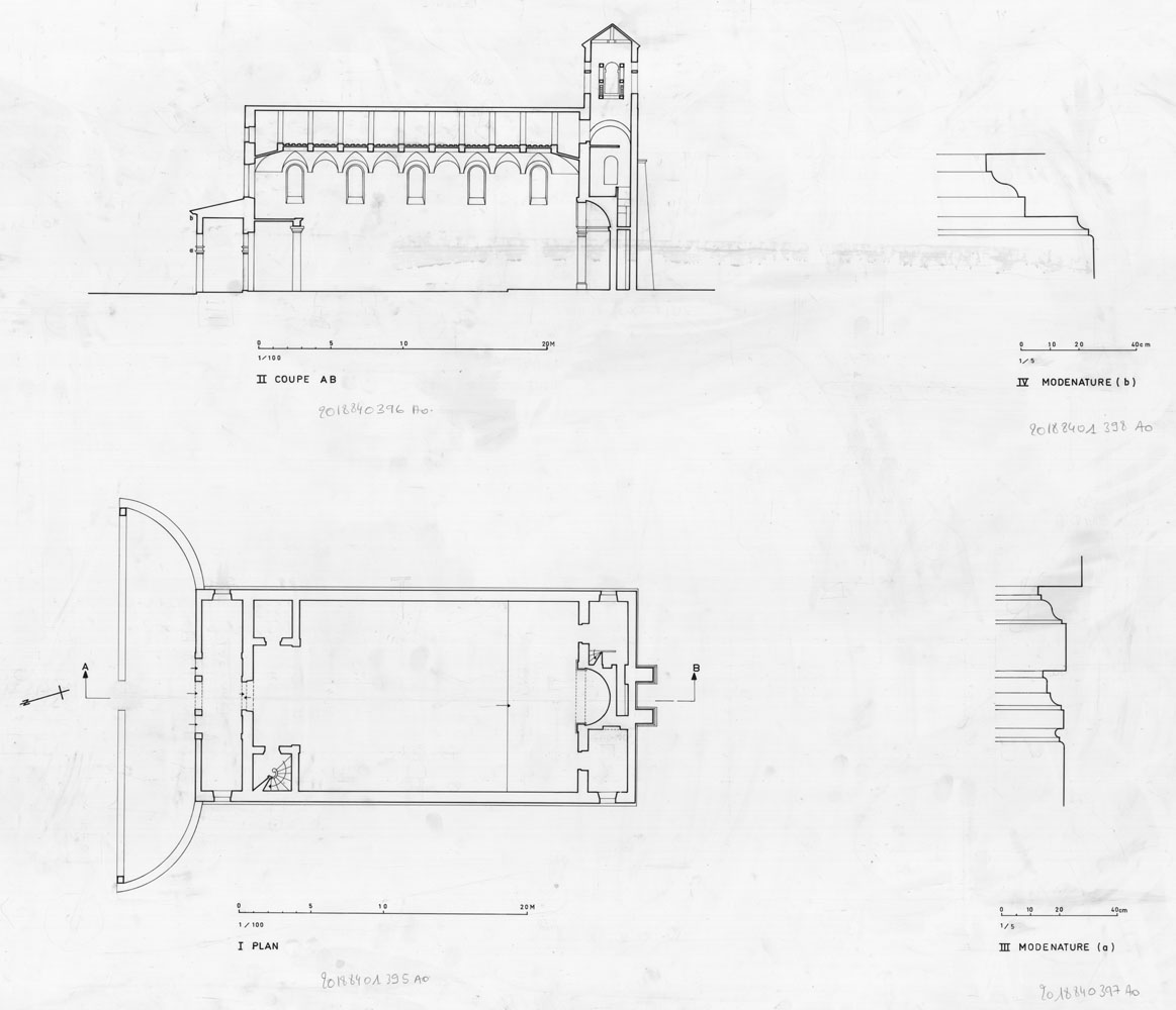 Plan ; coupe ; modénatures (a ; b). ; Plan ; coupe ; modénatures (a ; b).