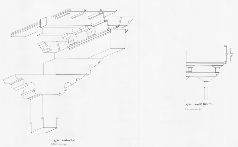 Tribune : coupe transversale et axonométrie de la structure bois.