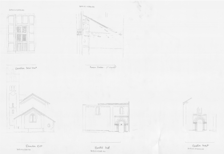 Elévation externe du portail ouest ; élévation interne du clocher face ouest (fresque) ; élévation externe de la façade postérieure ; élévation externe de la façade latérale sud ; élévation externe de la façade antérieure.