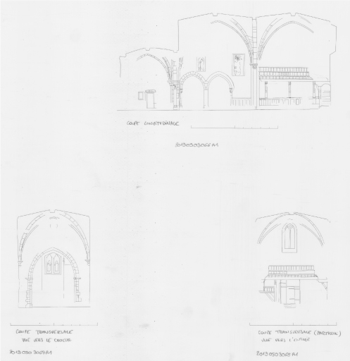 Coupe longitudinale avec élévation sur la face intérieure nord ; coupe transversale avec vue vers le choeur ; coupe transversale, vue vers l'entrée.