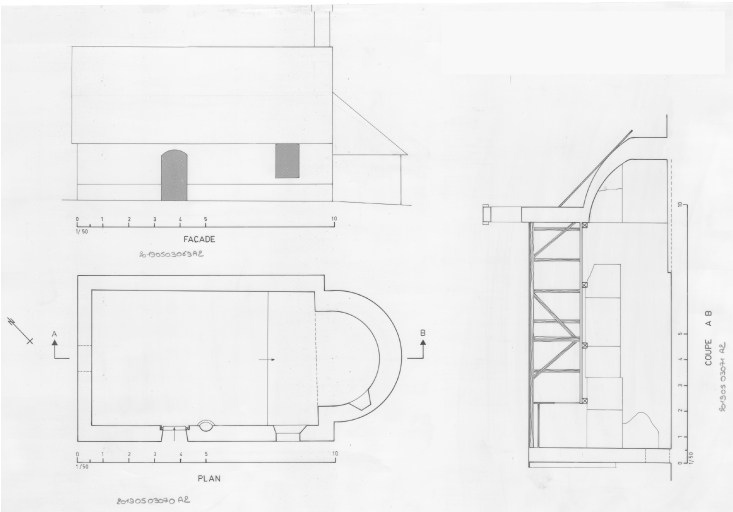 Plan ; coupe AB ; façade sud