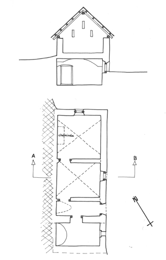 Remise parcelle 352 B1. Plan du rez-de-chaussée et coupe transversale. ; La Vachette, remise parcelle 352 B1. Plan du rez-de-chaussée et coupe transversale.
