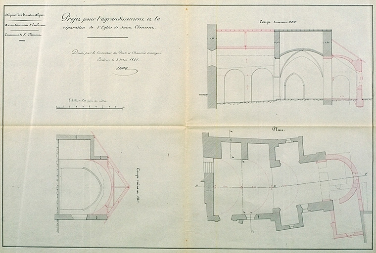 Projet pour l'agrandissement et la réparation de l'église de Saint-Clément, coupes, plan, dressé le 8 mai 1845, éch. 0,01.