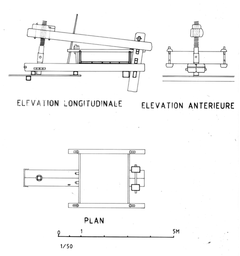 Plan , coupe longitudinale, coupe transversale. ; Pressoir : plan , coupe longitudinale, coupe transversale.