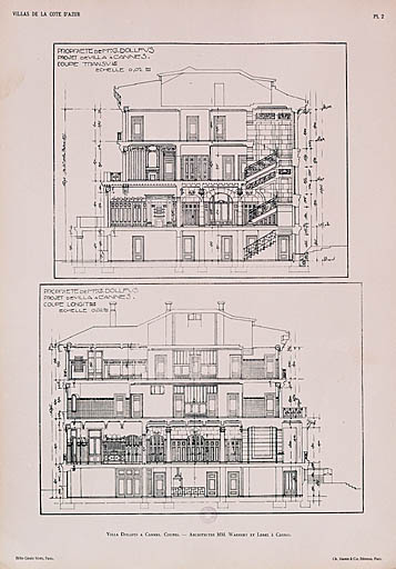 Villa Dollfus à Cannes. - Architectes MM. Warnery et Lebel à Cannes. Propriété de Mr. G. Dollfus. Projet de villa à Cannes. Coupe transvle. Coupe longitale, 1926.
