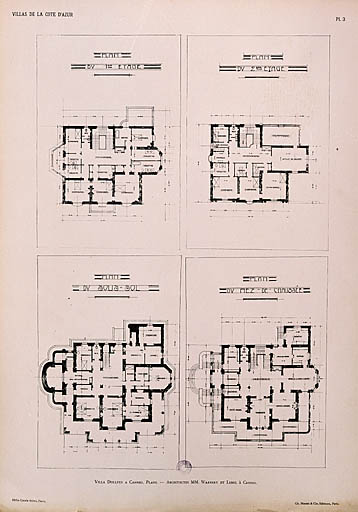 Villa Dollfus à Cannes. - Architectes MM. Warnery et Lebel à Cannes. Plan du sous-sol. plan du rez-de-chaussée. Plan du 1er étage. Plan du 2e étage, 1926.