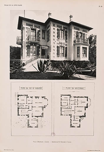 Ville l'Ermitage à Cannes. Architecte M. Hourlier à Cannes. Plan du rez-de-chaussée. Plan du 1er étage. [Vue de l'élévation sur jardin.] vers 1926.