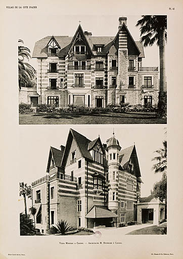 Villa Mimosas à Cannes. - Architecte M. Hourlier à Cannes. [Vue de la façade nord et vue de volume prise du nord-est], 1926.