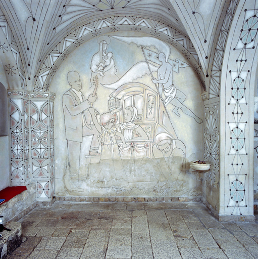 Vue d'ensemble du panneau représentant l'Hommage aux Saintes Maries (avant-nef, mur sud).