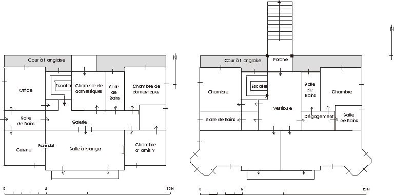 Plan schématique du rez-de-chaussée surélevé et du premier étage de soubassement. Etat en 2000.