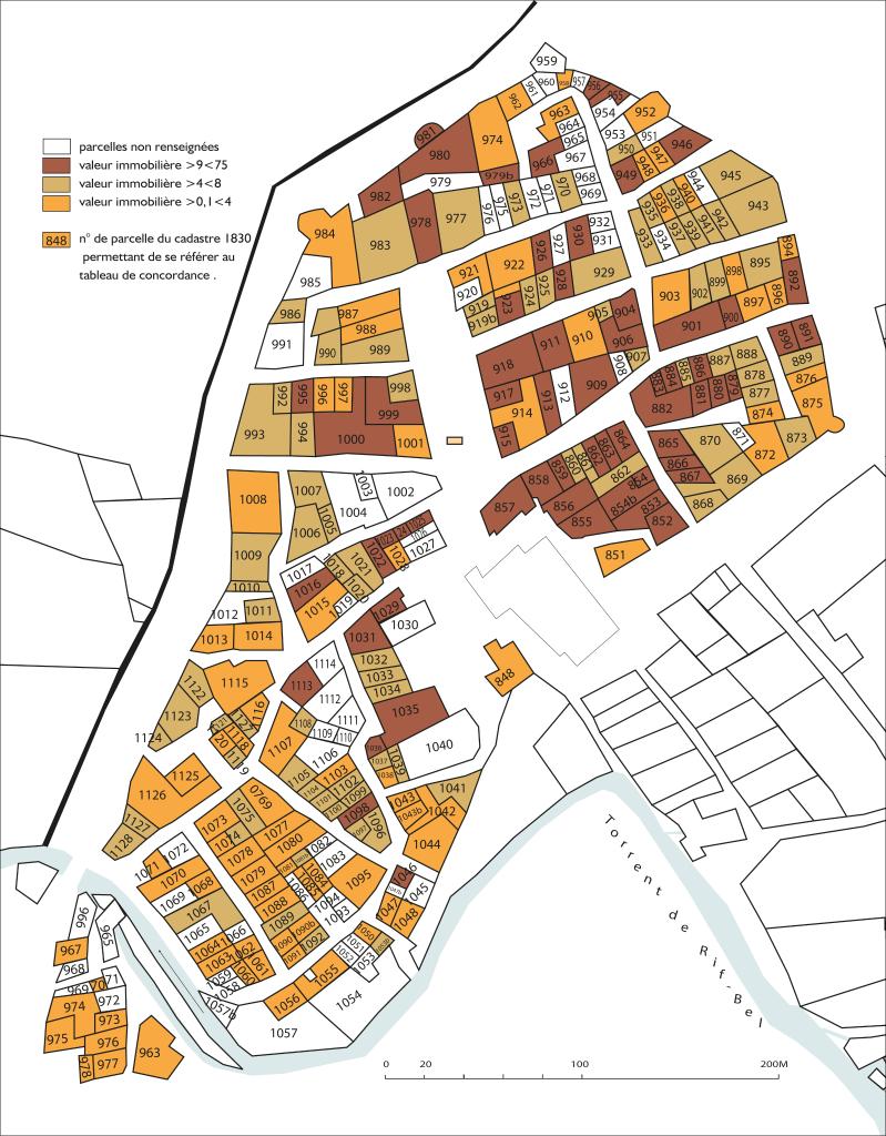 Carte des valeurs immobilières du bâti intra-muros de Guillestre (en denier/canne), d'après le cadastre de 1698, réparties en trois classes.