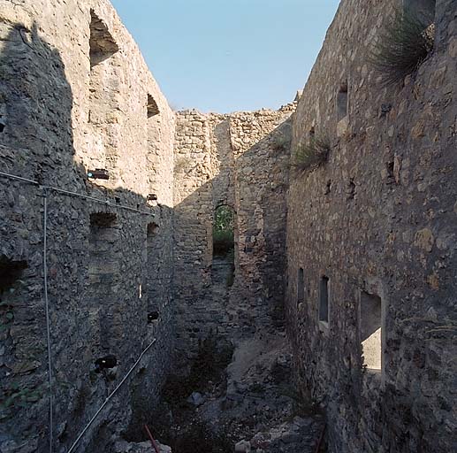 Intérieur du logis, au fond: mur de l'ancienne tour carrée.