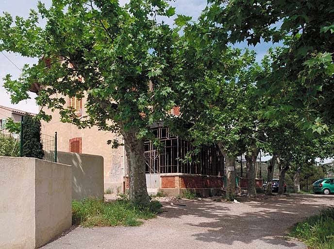 Terrasse plantée de platanes devant la maison de maître.
