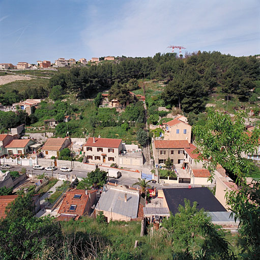 Vue prise depuis le boulevard du Belvédère : étagement des implantations sur la pente orientale du vallon. Au centre, monte-charge sur rail desservant une maison implantée à mi-pente. Sur la crête : lotissement moderne montée Pichou.