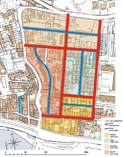 Plan cadastral du lotissement Farrenc mettant en évidence les quatre sous-lotissements Mariaud, Verne, Rouvière et Baudin.
