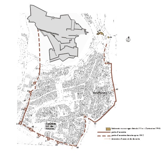 Plan du tracé des fortifications, restitué sur fond de plan cadastral de 1966, section AS.