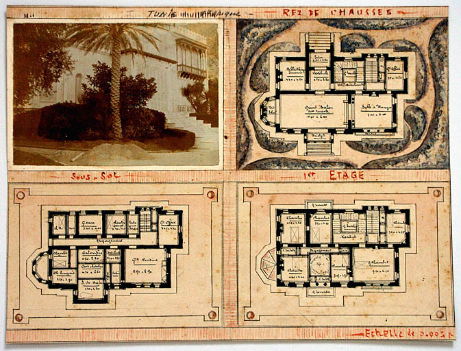 Plan du sous-sol, plan du rez-de-chaussée, plan du premier étage et vue partielle de la façade sud, vers 1900.