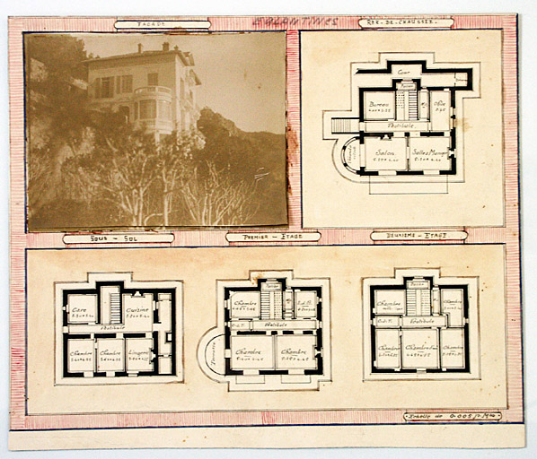 Eglantines. [Plans de l'étage de soubassement, du rez-de-chaussée surélevé, du premier et du deuxième étage et vue d'ensemble de la villa Les Eglantines, depuis le sud-ouest], vers 1910.