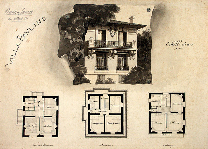 Villa Pauline. Saint-James, av Albert 1er. [Plans du sous-sol, du rez-de-chaussée surélevé, de l'étage et vue en perspective d'une partie de la façade.] vers 1910.