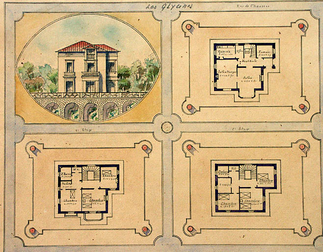 Plan du rez-de-chaussée, de l'étage carré, de l'étage de comble et dessin de la façade. Vers 1910.