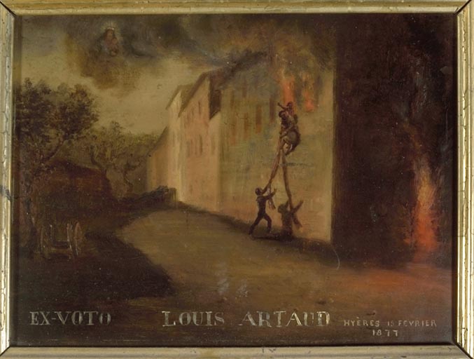 Tableau, ex-voto : Incendie d'une maison