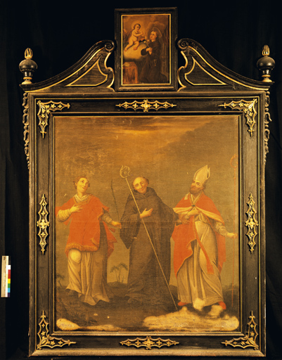 Ensemble d'un retable cadre et de 2 tableaux : Saint Antoine entre saint Vincent et un saint évêque, Saint Antoine de Padoue et l'Enfant Jésus