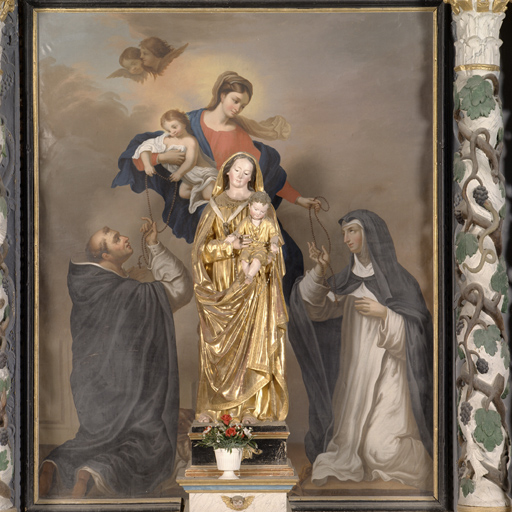 Tableau : La Vierge et l'Enfant Jésus remettant le rosaire à saint Dominique de Guzman et sainte Catherine de Sienne