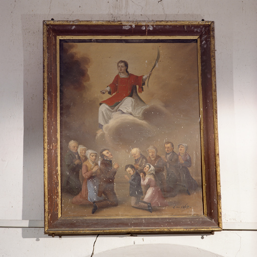 Ex-voto tableau : Famille en prière aux pieds de saint Etienne, cadre