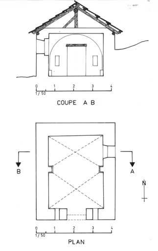 Chapelle Saint-Barthélémy aux Thures. Plan et coupe transversale AB. ; Chapelle Saint-Barthélémy aux Thures. Plan et coupe transversale AB.