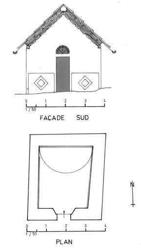 Chapelle Notre-Dame-du Rosaire au Cros. Plan et façade sud. ; Chapelle Notre-Dame-du Rosaire au Cros. Plan et façade sud.