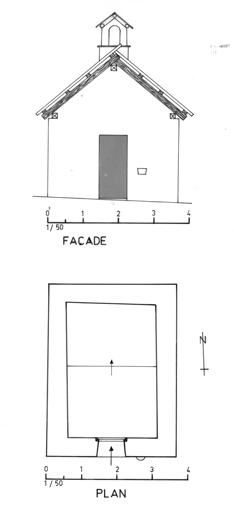 chapelle Notre-Dame-du Bon-Secours à Lacou. Plan et façade sud. ; chapelle Notre-Dame-du Bon-Secours à Lacou. Plan et façade sud.