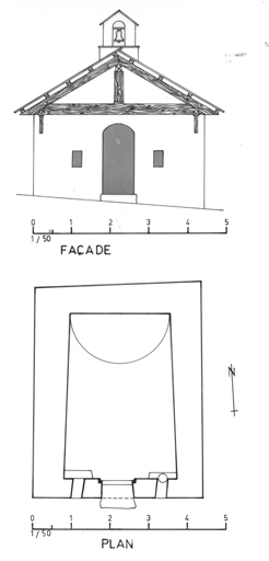 Chapelle Sainte-Barbe à Lacou. Plan et façade sud. ; Chapelle Sainte-Barbe à Lacou. Plan et façade sud.