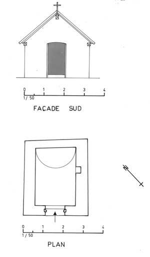 Chapelle Sainte-Apollonie au Queyrellin. Plan et façade sud. ; Chapelle Sainte-Apollonie au Queyrellin. Plan et façade sud.