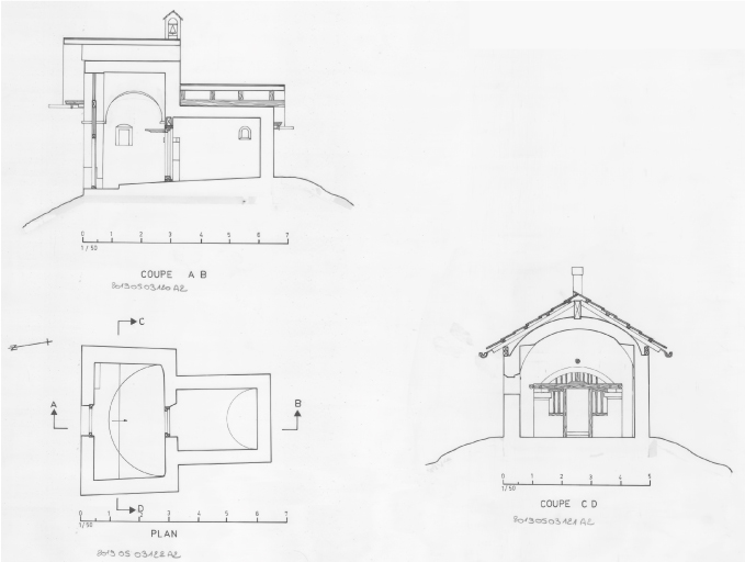 Plan, coupe AB et coupe CD