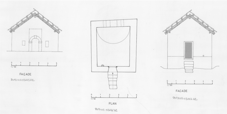 Ville Haute, chapelle Saint-Benoit et Saint-Pierre : Plan, élévation des deux façades pignon.