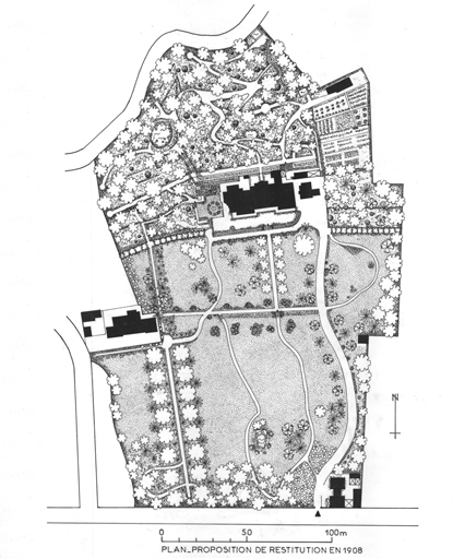 Proposition de restitution du plan du jardin visité par Albert Maumené en 1908.