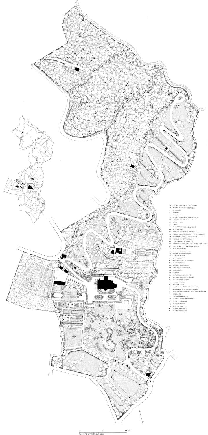 Plan du parc (au nord) et du jardin. Proposition de restitution pour 1900, d'après les visites de 1896 et 1899.