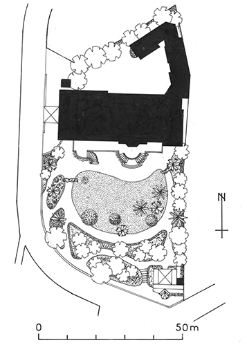 Plan du jardin après agrandissement de la maison et construction de la serre.