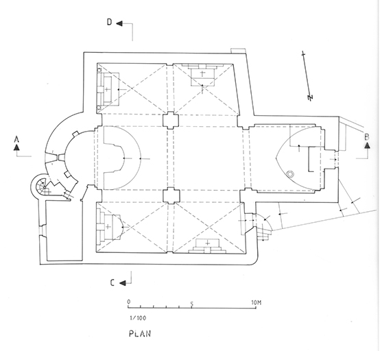 Plan de l’étage de soubassement de l’église paroissiale Sainte-Marie-Madeleine. 